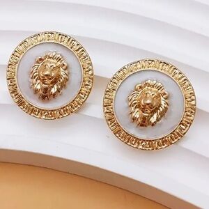 Lion Head White & Gold Tone Button Earrings New